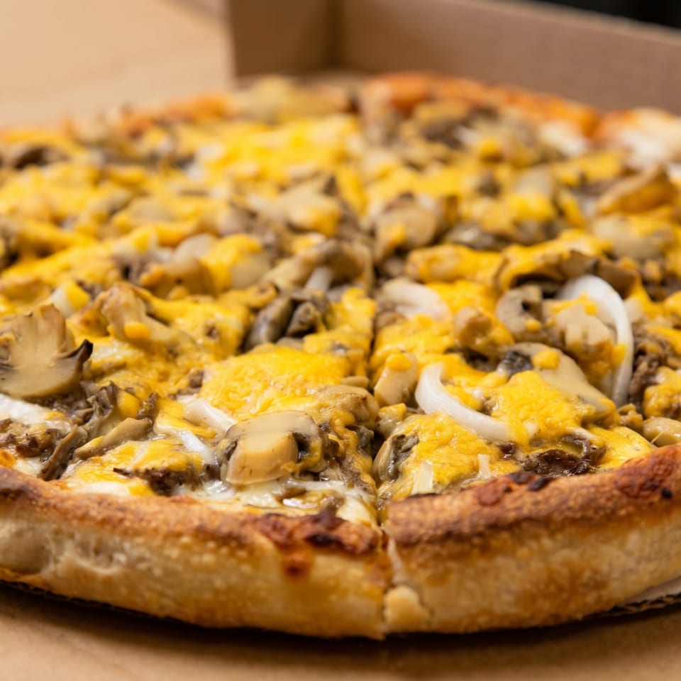A whole pizza with mushrooms, onions, and melted yellow cheese in a cardboard box.