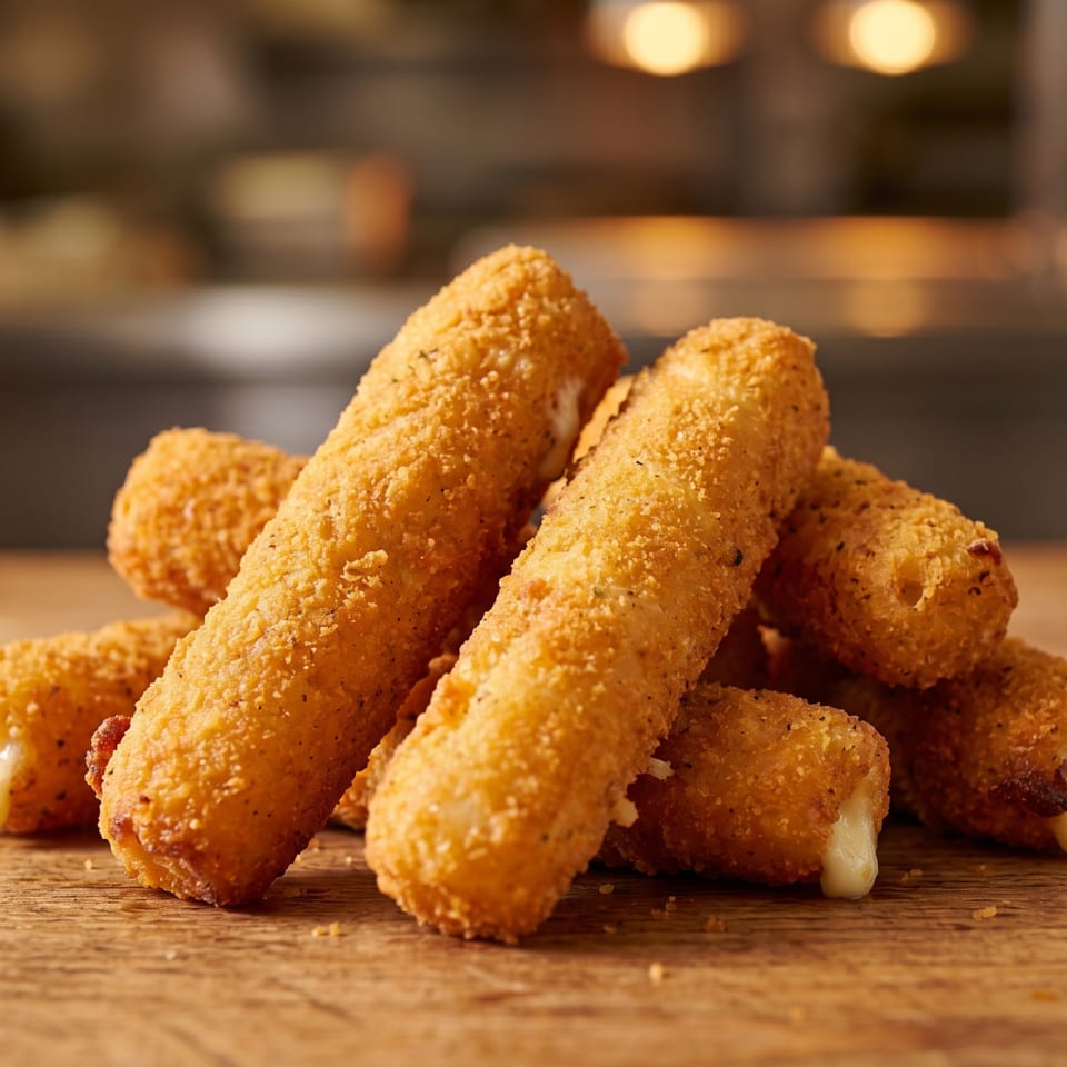 Golden-brown mozzarella sticks, some with melted cheese oozing out, piled on a wooden surface.
