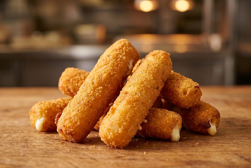 Golden-brown mozzarella sticks, some with melted cheese oozing out, piled on a wooden surface.