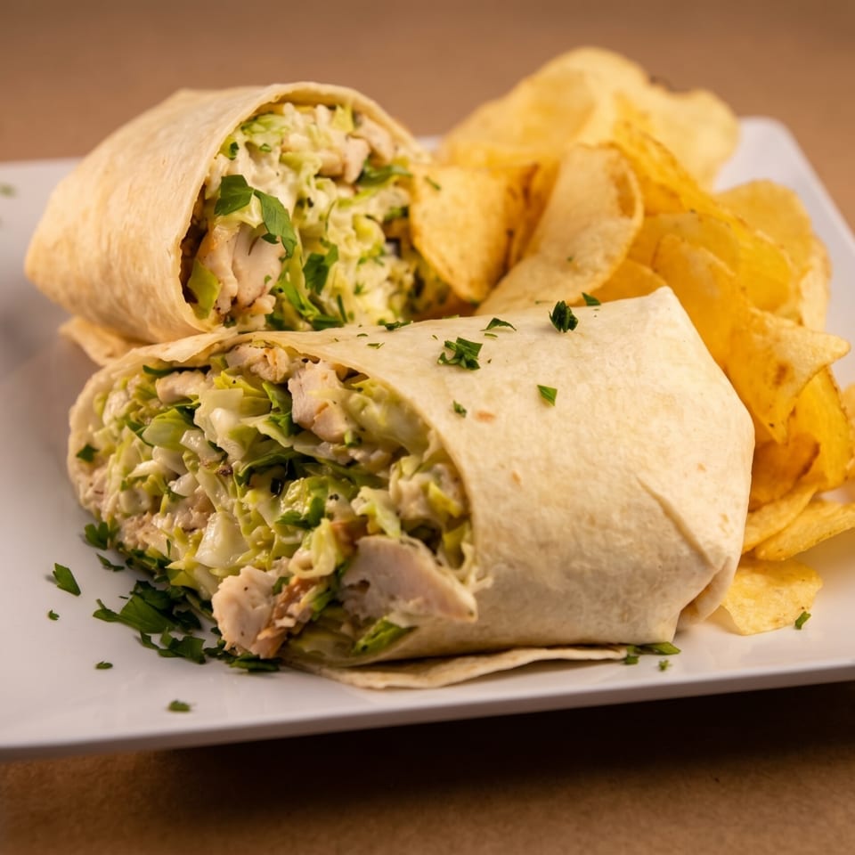Two chicken wraps filled with lettuce and dressing, served with potato chips on a white plate.
