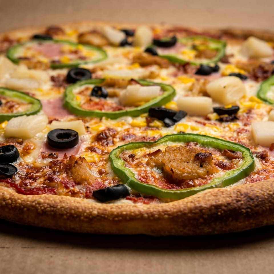 Close-up of a pizza with green peppers, black olives, pineapple, and chicken on a brown surface.