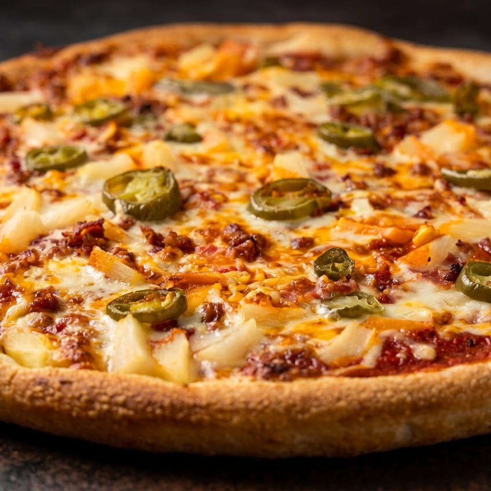 Close-up of a pizza with melted cheese, pineapple, ground meat, and jalapeño slices.