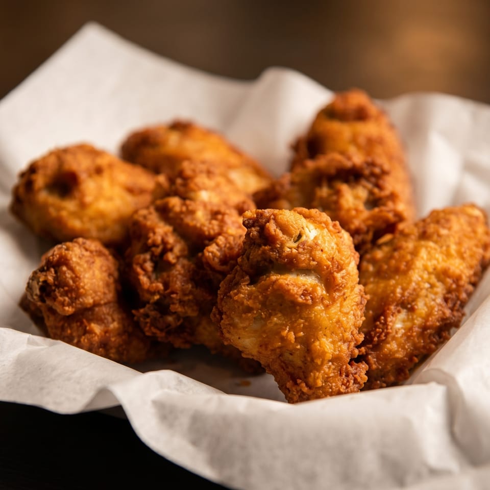 Crispy fried chicken pieces, golden brown, served in a white paper-lined basket.