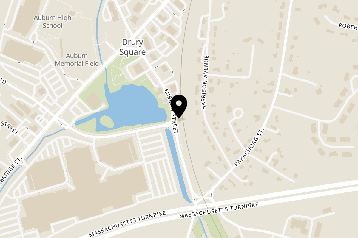 Map showing the location of Matt’s Golden Pizza on 20 Auburn St in Auburn